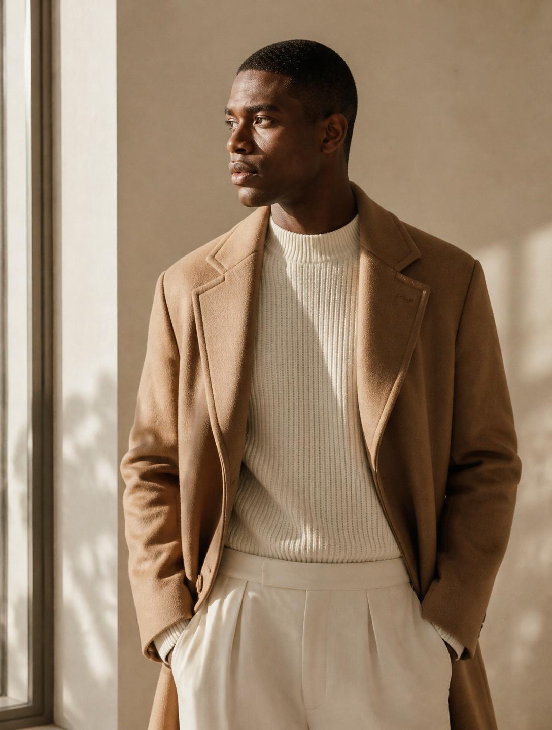 Gentleman personal shopping client styled in a structured camel coat